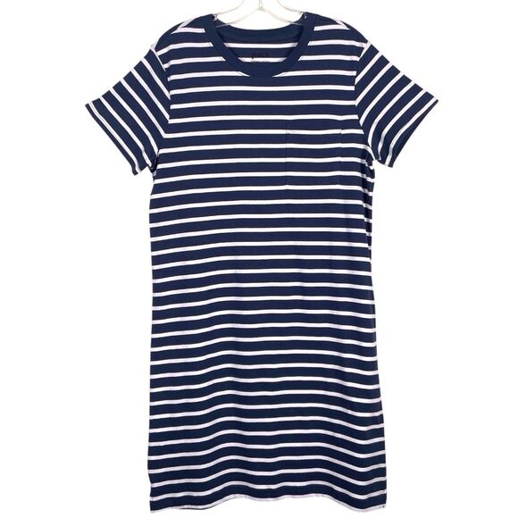 PACT Softspun Tee Dress Size Medium Navy Blue White Striped Organic Cotton EUC - Picture 1 of 14